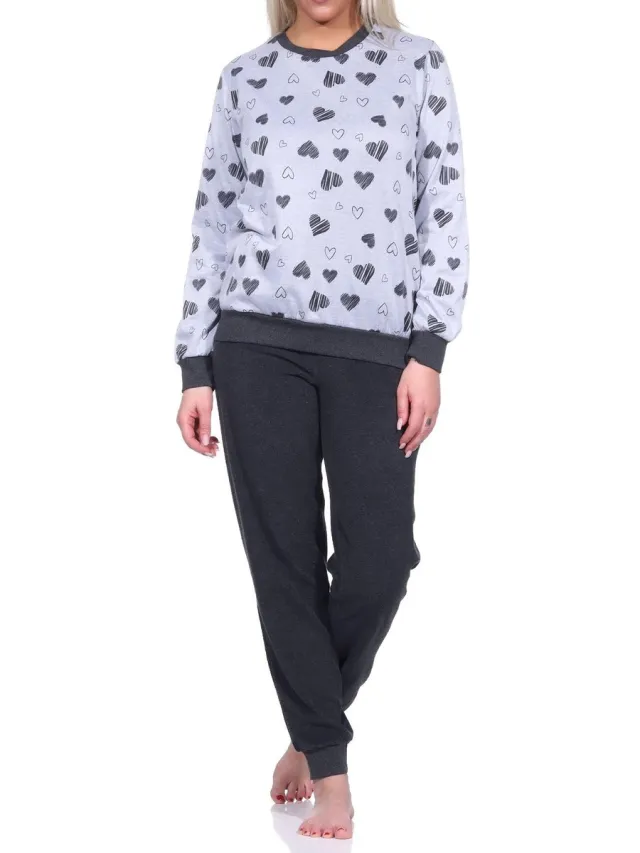 Normann Dames badstof pyjama met manchetten Pyjama in grote hartjes look - ook in overmaten grau-melange