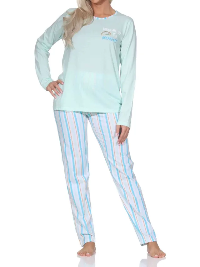 Normann pyjama met lange mouwen voor dames, inclusief pyjamabroek met streepmotief türkis