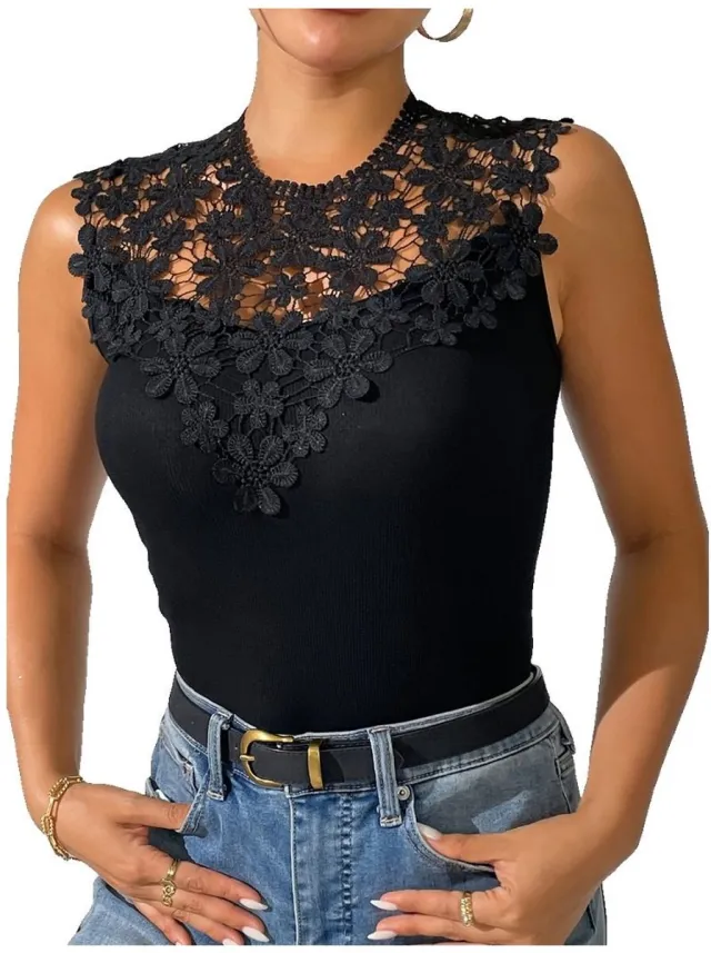 Currero Top Met Kant Dames - Topje - Kleding - Shirt - Blouse - Kort - Volwassen - Zwart