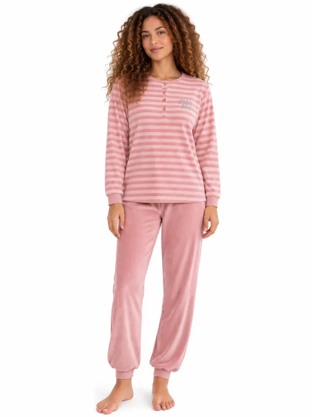 Cocodream Quality Cocodream - Dames Pyjama Velours - Winter - Roze Gestreept