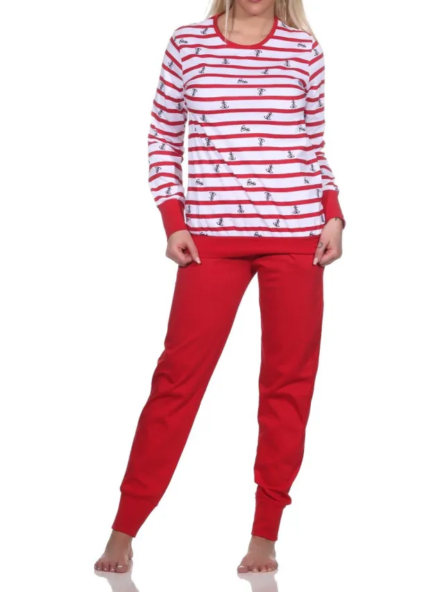 Normann damespyjama met lange mouwen en manchetten in maritieme look - ook in overmaten rot