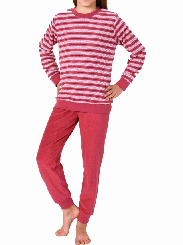 Normann Behaaglijke meisjespyjama van badstof met lange mouwen en manchetten in gestreept design roze