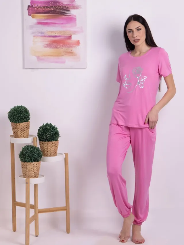 Vanilla FlowerFace dames pyjama - Pyjamasets - Tweedelig - Viscose - Roze - 1520