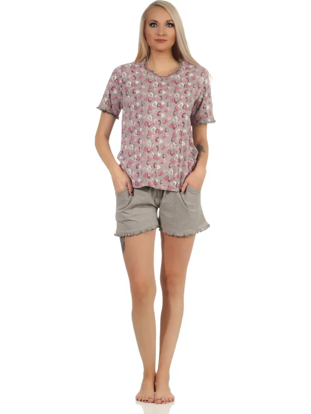 Normann Dames Shorty pyjama's korte mouw in hartje allover look in melange-look - ook in oversized grau-melange
