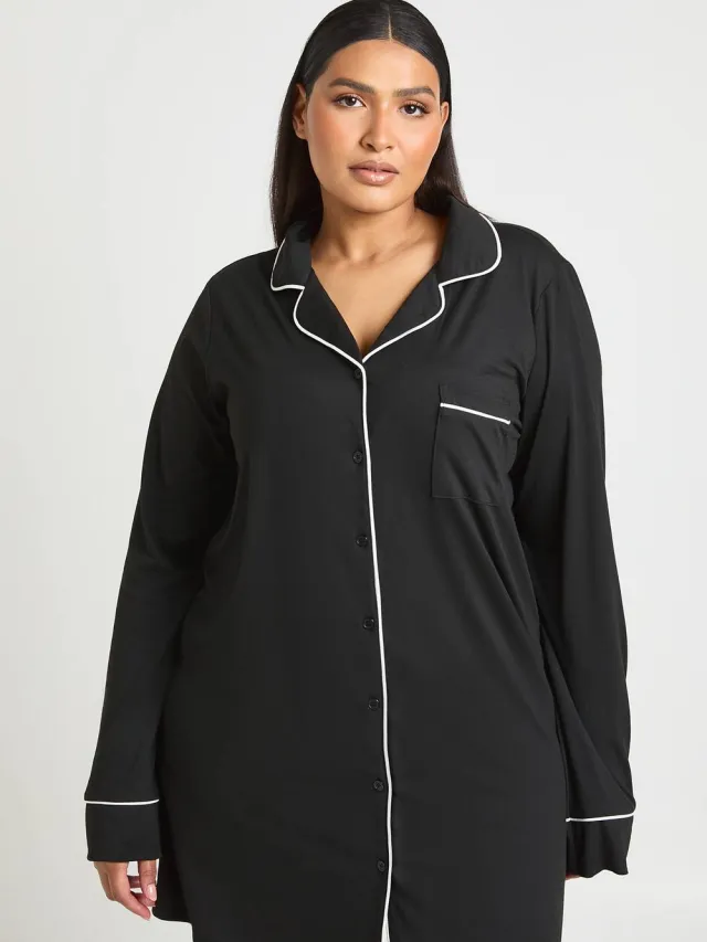 boohoo Dames Nachthemd Met Lange Mouwen En Contrastbies Zwart