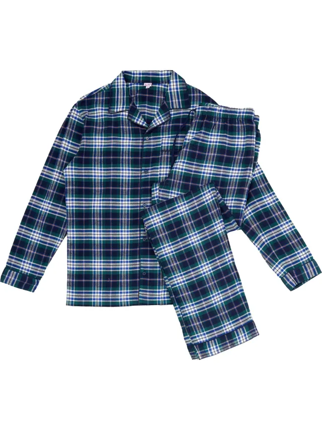 La V Flanel pyjamaset voor dames met geruit patroon Donkerblauw/Groen