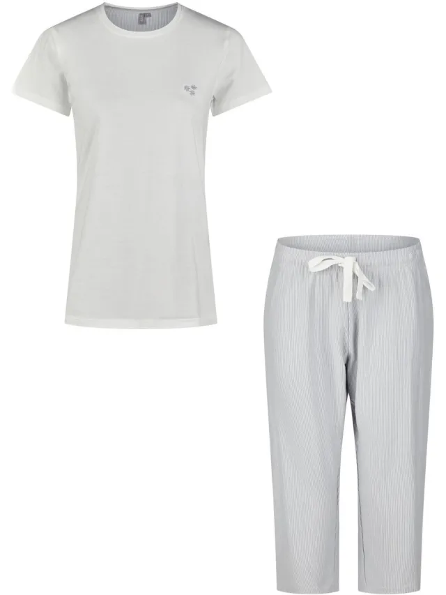 By Louise Dames Capri Pyjama Driekwart Wit/Blauw Gestreept