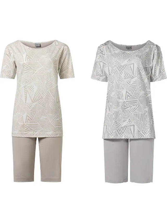 Lunatex 2 dames shortama's 124193 met boothals - zomer pyjama's - zandkleur en grijs sand en grijs