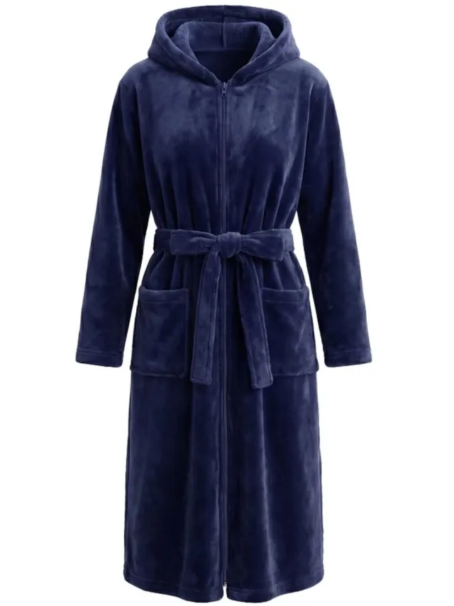 Charlie Choe - Limited Collections Badjas dames - met rits, capuchon en ceintuur - extra lange badjas - zacht en warm fleece - Charlie Choe - indigo blauw blauw rits