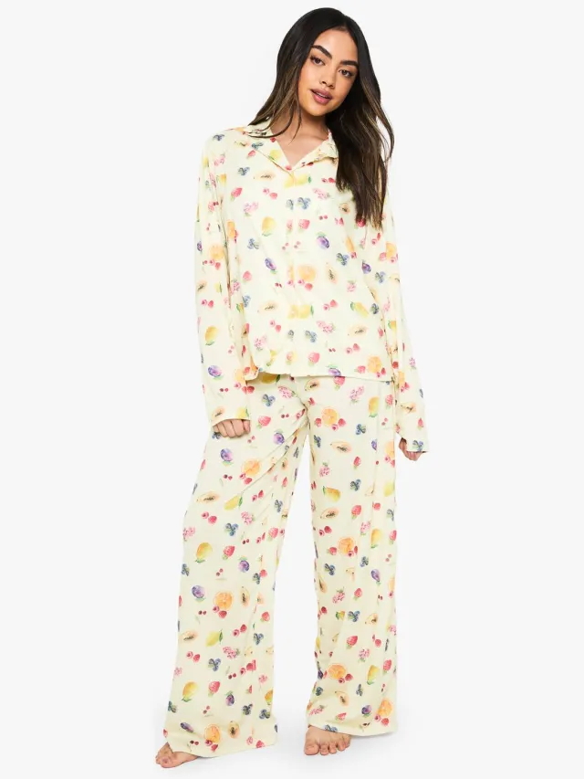 boohoo Dames Gemengde Fruit Print Lange Mouw Shirt & Broek Pyjamaset Citroen