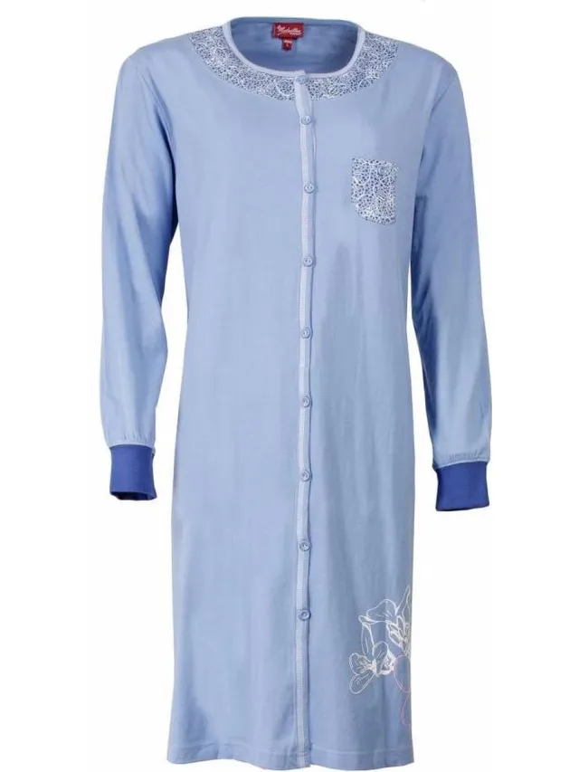 Medaillon Dames Nachthemd - Katoen - Doorknoop - Blauw
