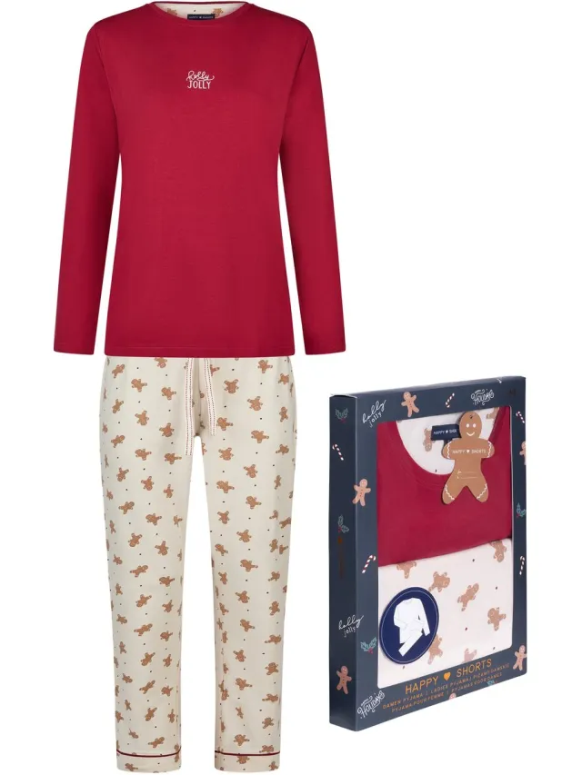 Happy Shorts Dames Kerst Pyjama Set Shirt + Broek Giftbox Rood/Off-White Gingerbread