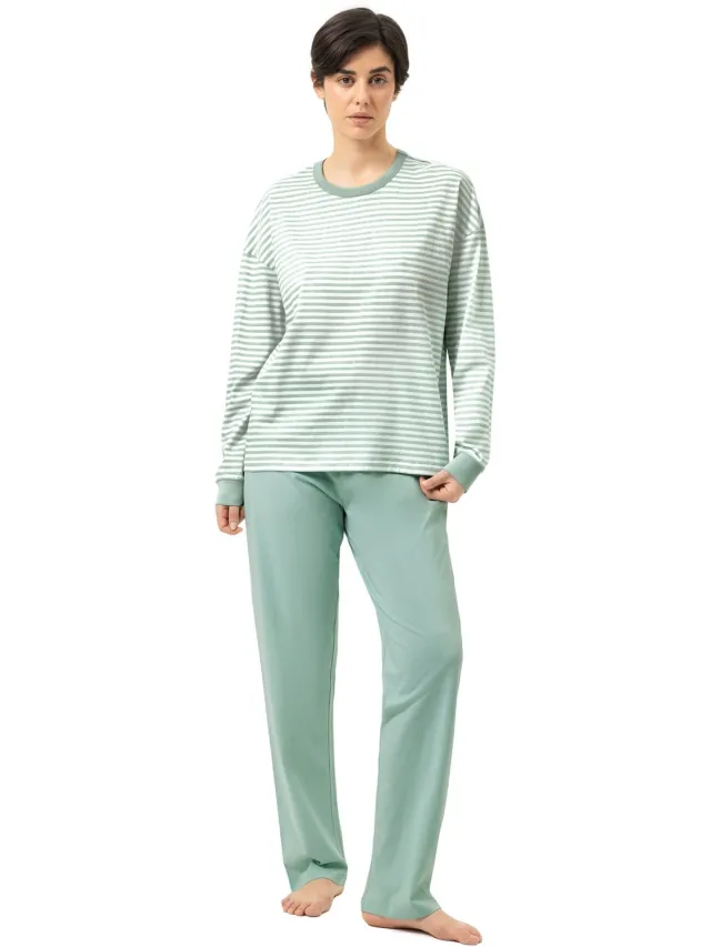 Mey Pyjama Lang Serie Willow Stripes Seasalt Green