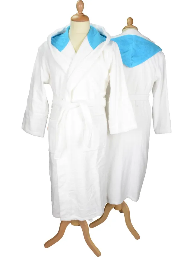 ARTG Robezz - Badjas - Gekleurde Capuchon - White/Aqua Blue - (2XL) Wit met Aquablauw