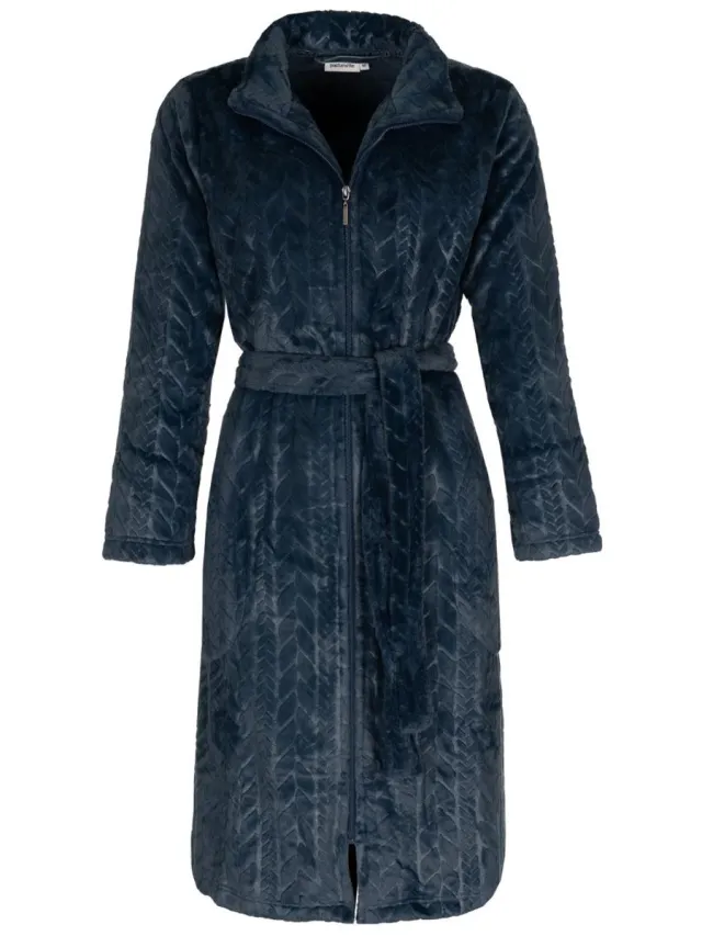 Pastunette Dames badjas met rits - kabelreliëf - fleece - zacht & warm - ritssluiting badjas dames - luxe ochtendjas - donkerblauw - maat 4XL (60-62)
