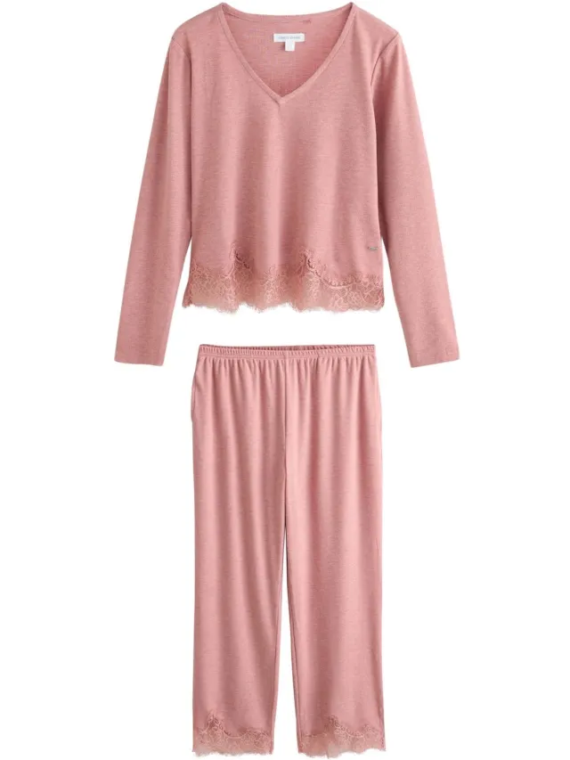 Next Dames - Gezellige geribbelde pyjama met lange mouwen en kanten details - Tall - Roze Pink