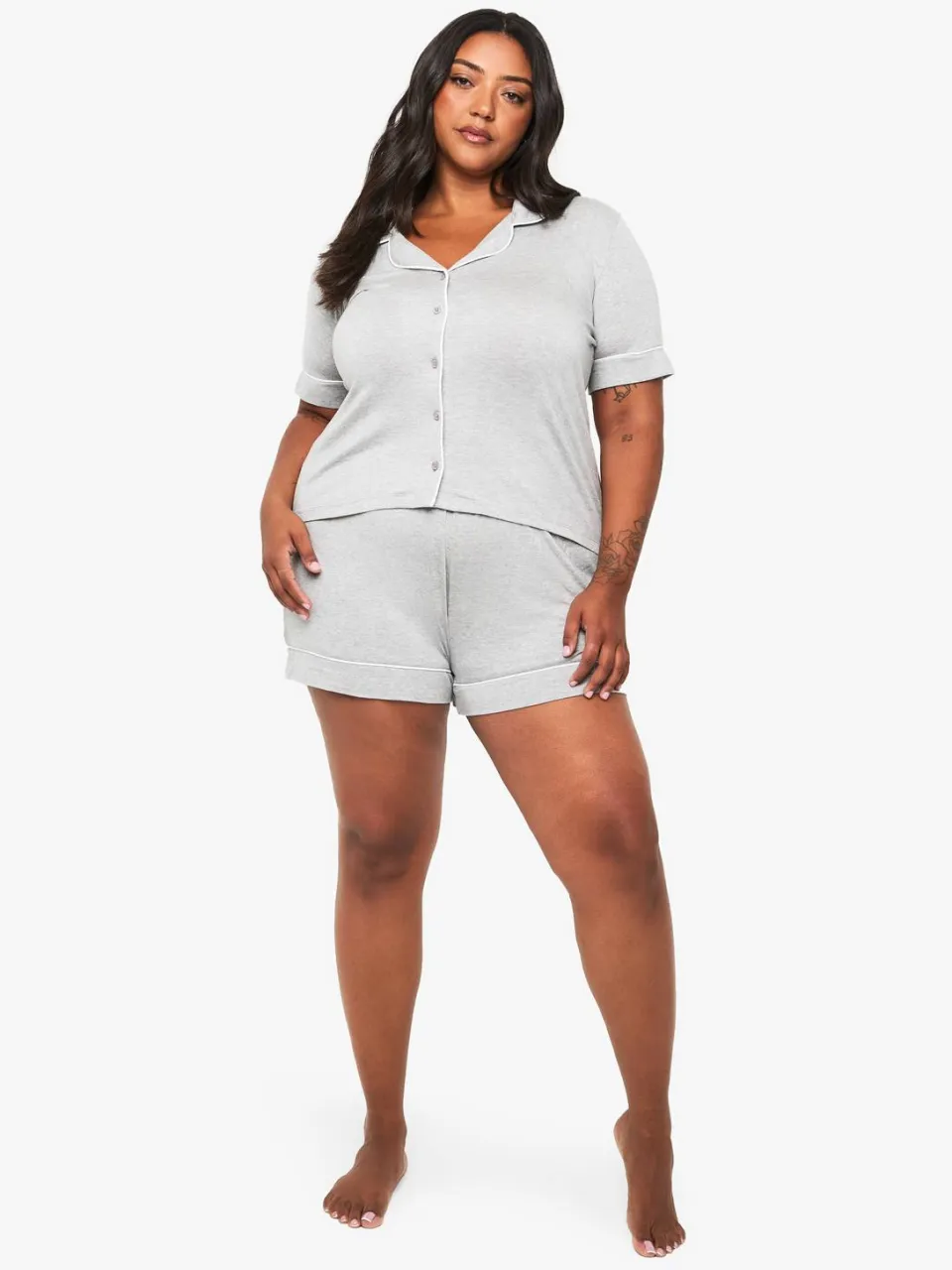 boohoo Dames Plus Super Soft Modal Kort Mouw Shirt & Korte Pyjama Set grijze mergel, foto 3