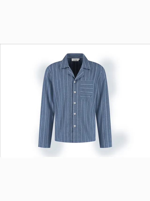 Yumeko pyjamashirt heren flanel denim blauw/wit stripe m Denim Blue-White Stripe
