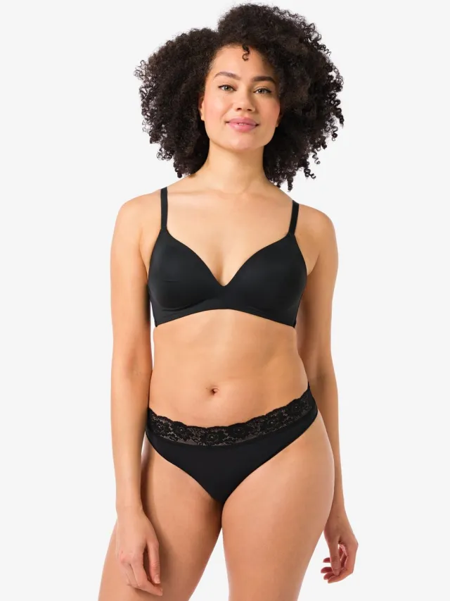 HEMA Damesstring naadloos micro met kant zwart (zwart)