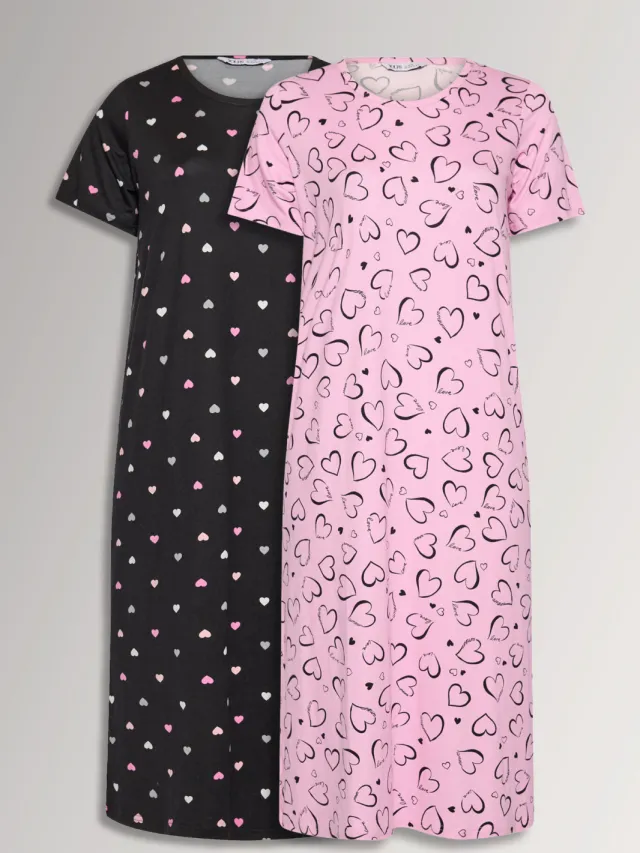 Yours Yourset Curve Set Van 2 Midaxi Nachtjaponnen Met Hart In Zwart En Rozesize 46-48, foto 2