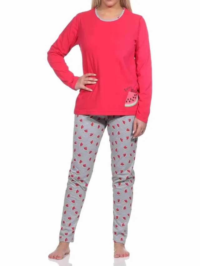 Normann Lange damespyjama met meloenmotief, pyjamabroek met opdruk allover pink
