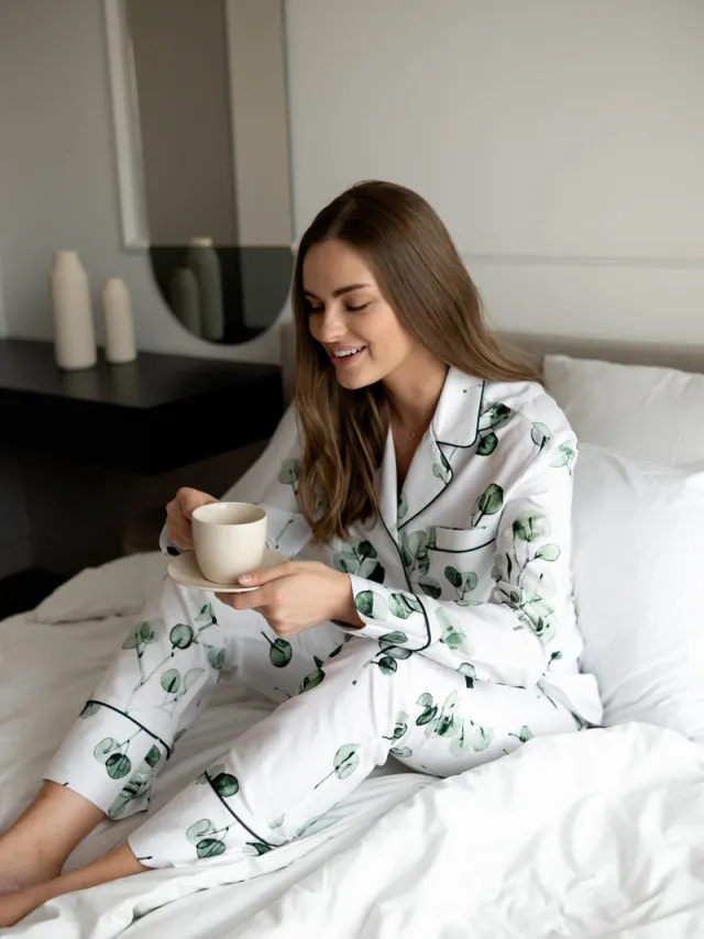 Coemi Dames pyjama set-katoensatijn-eucalyptus handgeschilderd-lange mouwen top & broek-wit