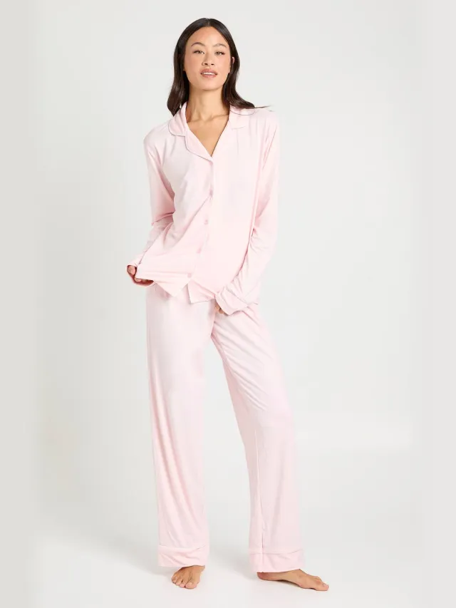boohoo Dames Tall Jersey pyjamaset met langmouwen overhemd en broek met pijpdetails Baby Roze
