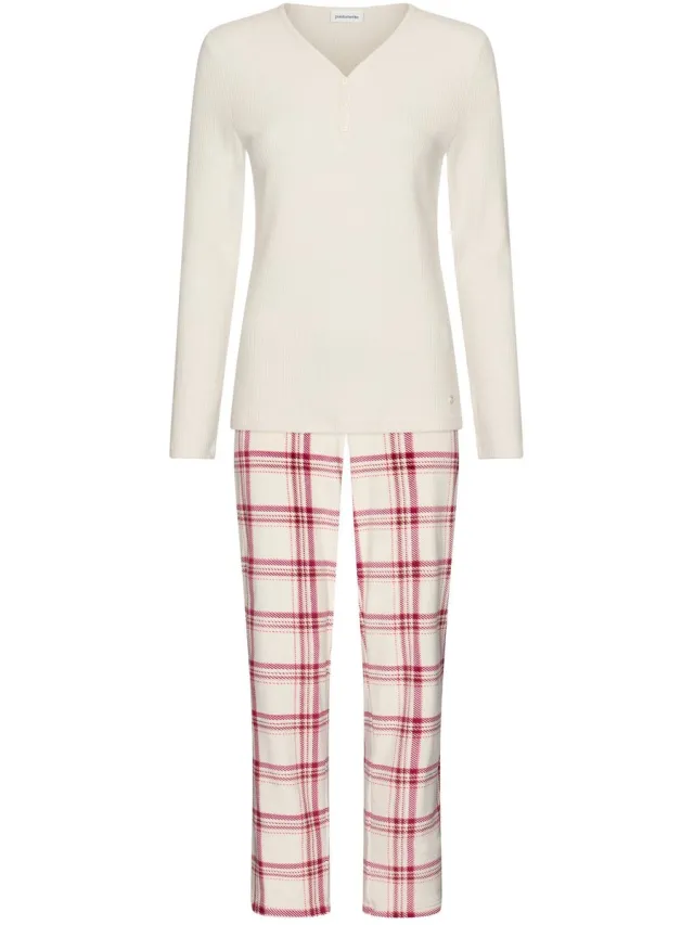 Pastunette Alpine Creme - Pyjama - Viscose/Velours - Creme - Geruit Wit