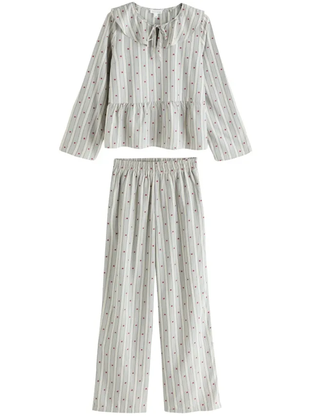 Next Dames - Geweven pyjama met lange mouwen en peplumzoom - Tall - Wit Blue Stripe