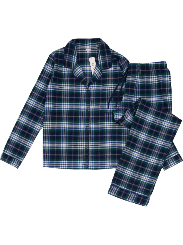 La V La-V Flanel pyjama set voor dames met geruit patroon Donkerblauw/Groen