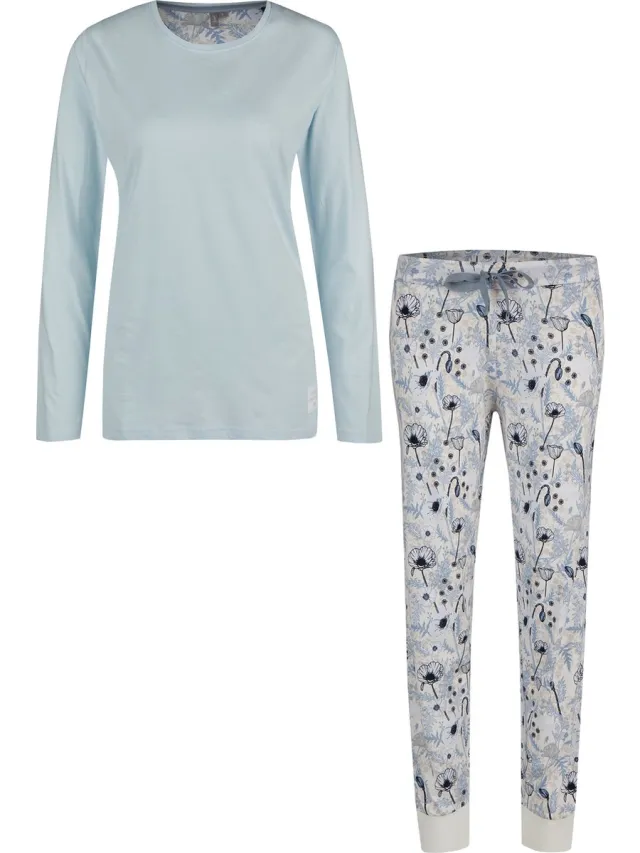By Louise Dames Pyjama Set Jersey Katoen Gebloemd Lichtblauw