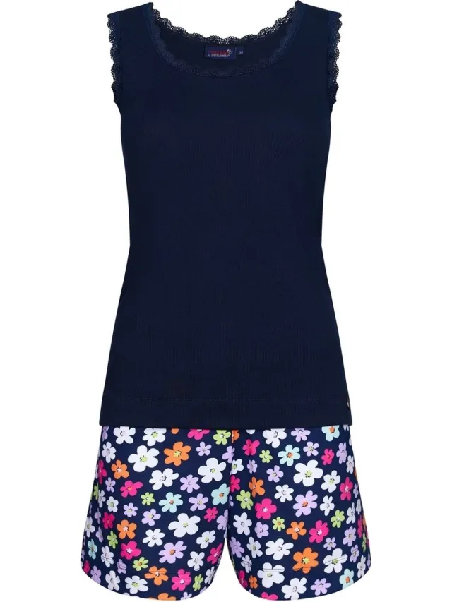 Rebelle Biogisch katoenen shortama set voor dames met mouwloze rib top 'forever flowers' Blauw