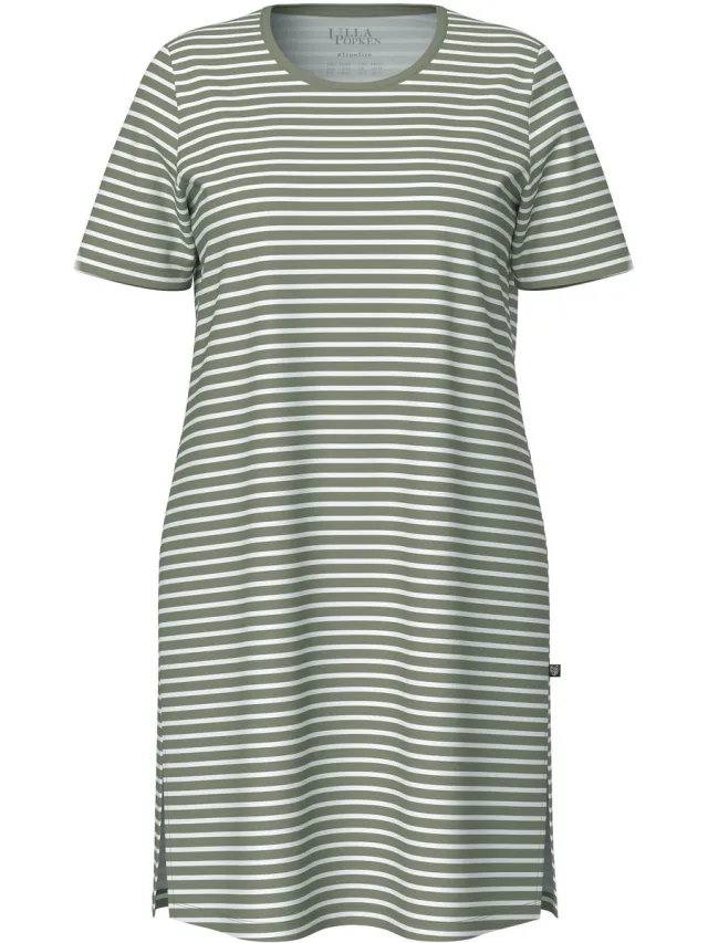 Ulla Popken Dames - Bigshirt strepen ronde hals korte mouwen biologisch katoen - Olijfgroen - Maat 46+
