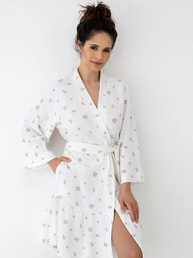 S& Sensis Sensis Katoenen Ochtendjas Dames Badstof Bloemenprint Volant Ecru CORALIE 42 / Wit