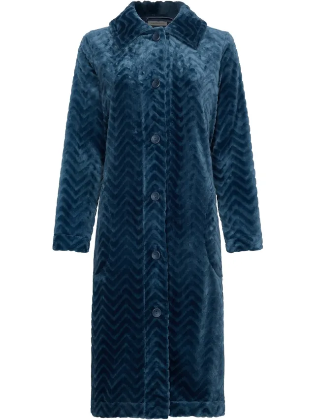 Pastunette Badjas - Nordic Bloom - Fleece - Donkerblauw - Doorknoop sluiting