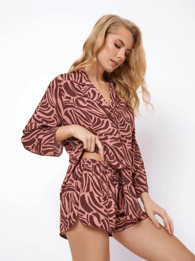 Aruelle Dames pyjama set Rosabel-zebraprint-top met kraag-short-bruin/roze bruin / roze