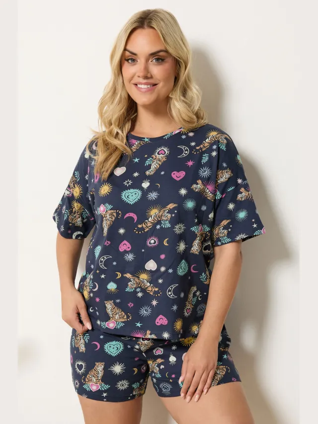 Yours Marineblauwe Pyjamaset Met Korte Mouwen En Sterrenprint-60 Blue