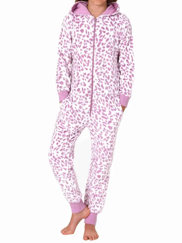 Normann Meisjespyjama jumpsuit overall koraal fleece dierenlook