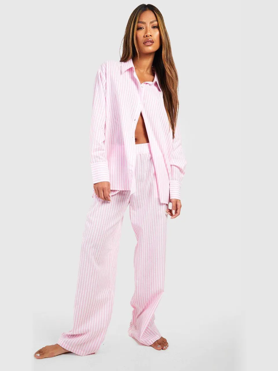 boohoo Dames Katoenen pyjama broek met fijne streepjes roze, foto 3