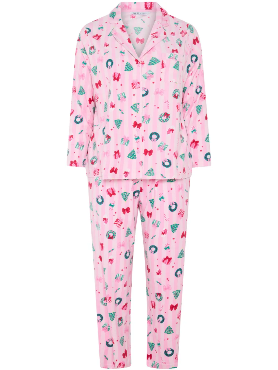 Yours Roze Gestreepte Lichtgewicht Fleece Pyjamaset Met Kerstprint-44, foto 4