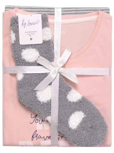 By Louise Dames pyjama set lang katoen roze / grijs gestreept, foto 2