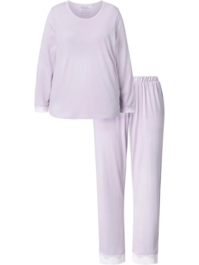 Ulla Popken Dames - Pyjama kant ronde hals lange mouwen - Lichtpaars - Maat 42+