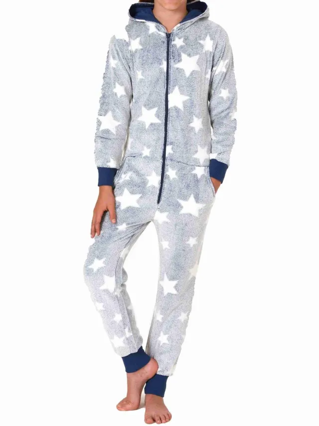 Normann Meisjespyjama jumpsuit in sterdessin van behaaglijk warm koraalfleece