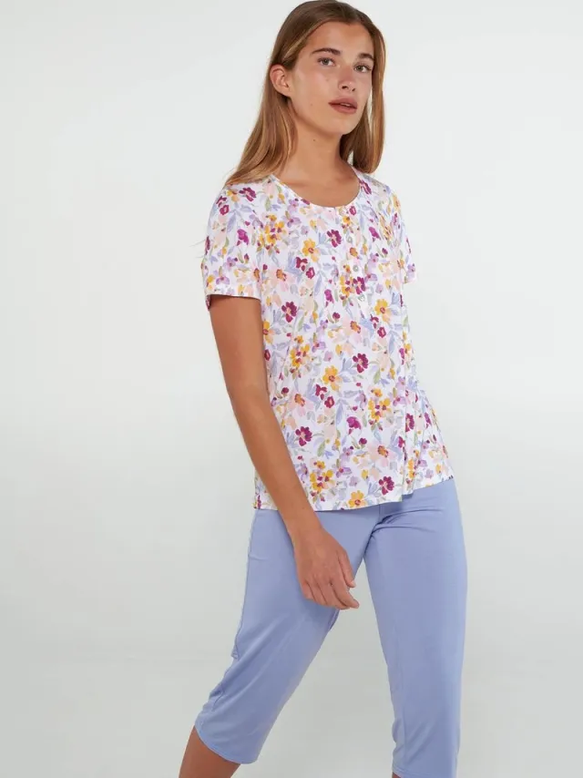 Vamp! Pyjama Dames Micromodal Korte Mouw 3/4 Broek Blue Lavender 20032/325 48 / Wit