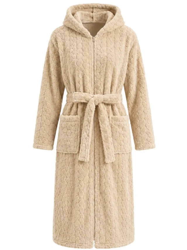 Charlie Choe - Limited Collections Badjas dames - zacht en warm fleece - teddy badjas extra lang - luxe dames badjas met rits, capuchon en ceintuur - trendy ochtendjas - Charlie Choe - zand zand rits