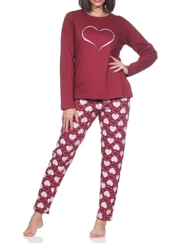 Normann dames pyjama lange mouw in hartjespolkadots look rot1