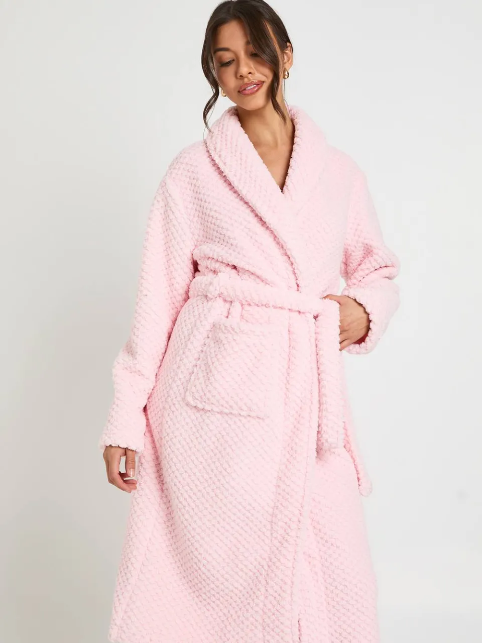 boohoo Dames Wafelstructuur Fleece Lange Badjas lichtroze, foto 3