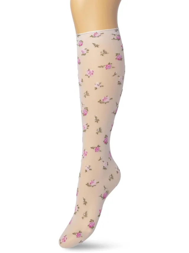 Bonnie Doon Dames Panty Kniekousen met Bloemen Roze - Gebloemde Knie Kousen - Luxe Knie Sokken - Uitstekend draagcomfort - English Flower Knee High - Kniesokken - Romantisch - Zakt niet af - Paradise Pink - BP211502.310