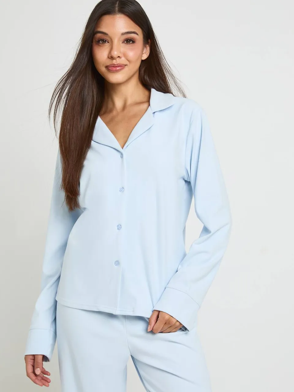 boohoo Dames Geborsteld Jersey Pyjama Set Met Shirt Met Lange Mouwen & Broek lichtblauw, foto 4