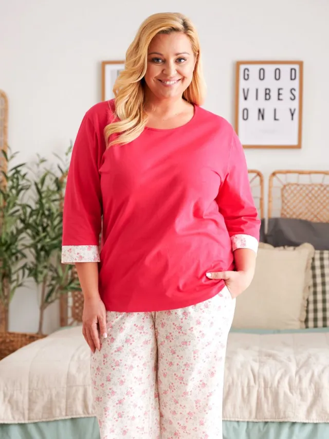 Doctor Nap Katoenen Pyjama Dames Volwassenen 3/4 Mouw Lange Broek Plus Size Viva Magenta PM.5279 Roze